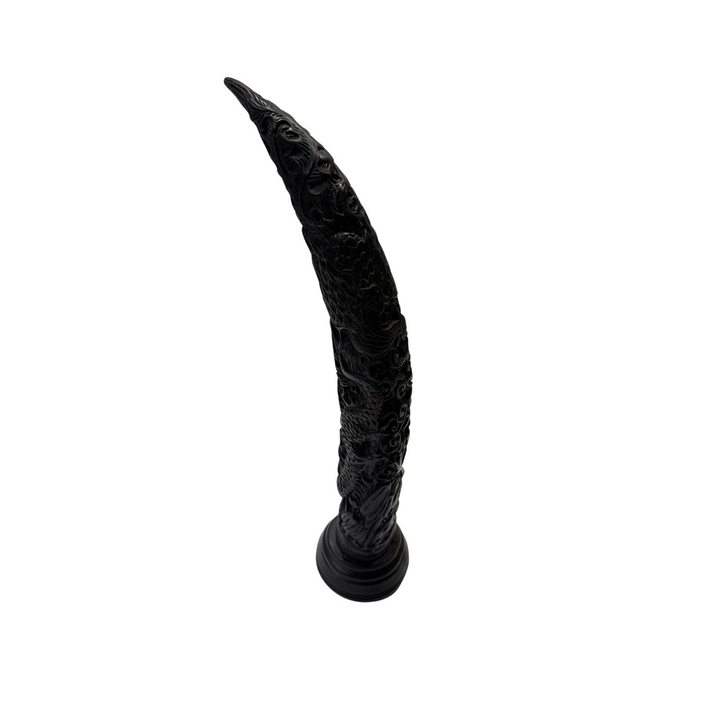 Vintage Carved Dragon and Phoenix Faux Tusk Statue Black Oriental Decor 14.5in